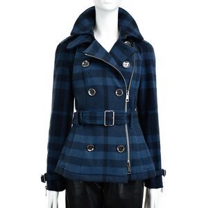 NEW NWOT BURBERRY Brit blue Nova Check Wool Trench Coat Jacket sz US 4